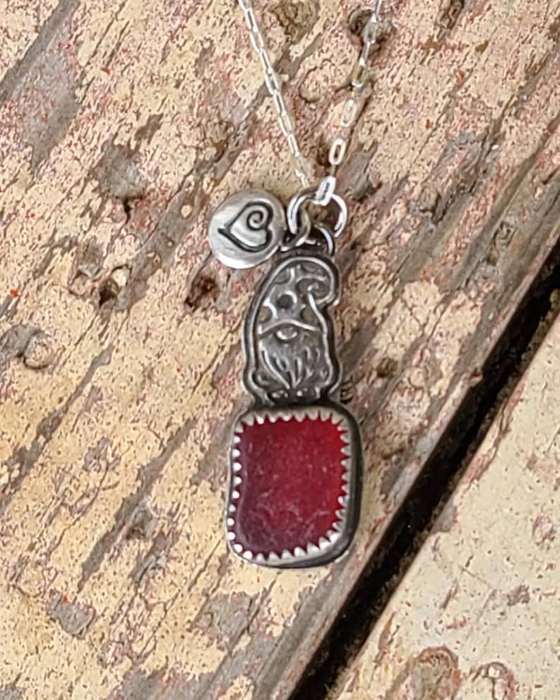 Love Sea Glass Rare PNW Red Sea Glass Custom Fine Silver Stamped Wee Gnome Pendant Heart Charm 18 Sterling Silver Chain by Seahag101 image 1