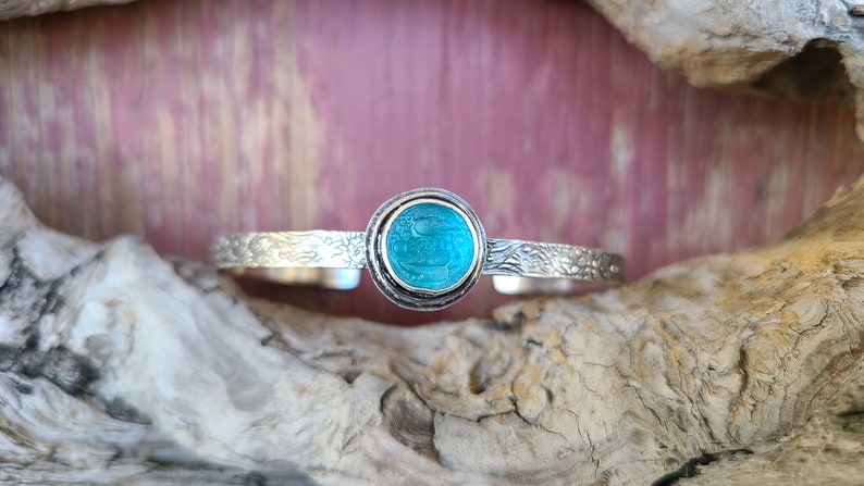 Light Blue Spanish Sea Glass Decorative Button Silver Double Patterned Cuff by Seahag101 image 4