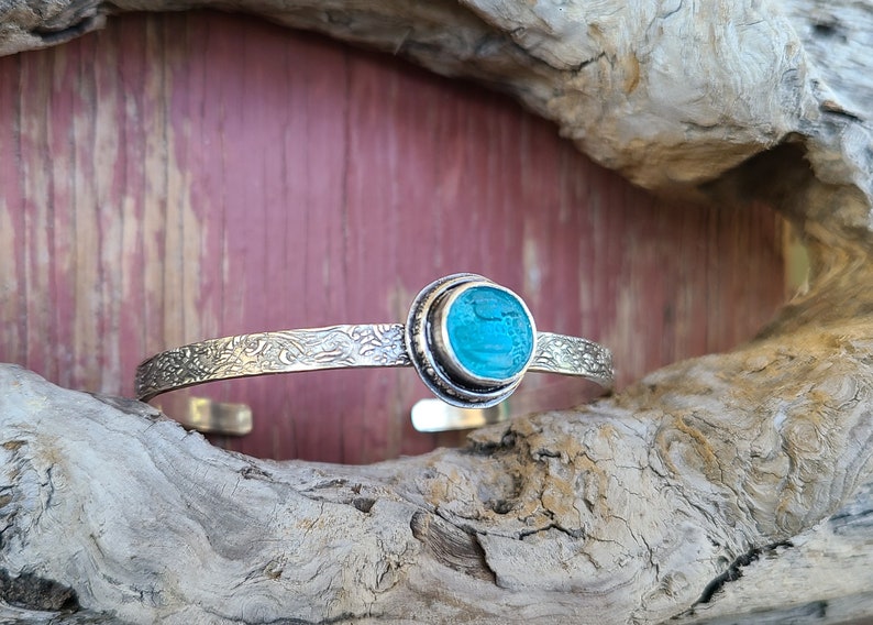 Light Blue Spanish Sea Glass Decorative Button Silver Double Patterned Cuff by Seahag101 image 8