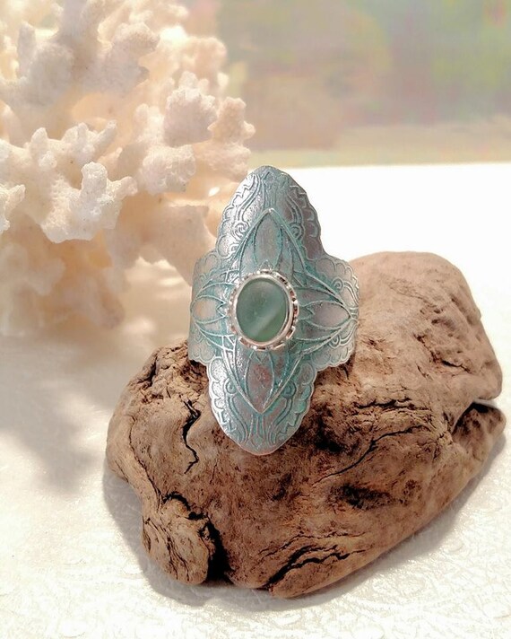 Cape Breton Pale Blue Sea Glass Marble Patterned Silver Split Band Ring Size 75