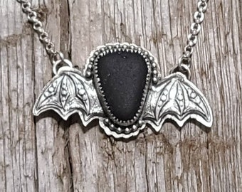 Authentic Black Sea Glass Custom Silver Bat Wing Pendant 18" Sterling Silver Rolo Chain by Seahag101