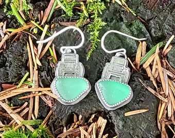 Vintage Nordic Teal Green Sea Glass Custom Fine Silver Stamped Jeep Dangle Earrings by Seahag101