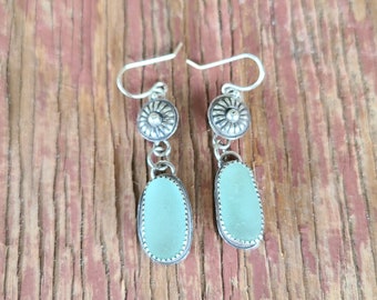 Authentic Northern California Light Blue Sea Glass Handcrafted Silver Concho Dangle Earrings