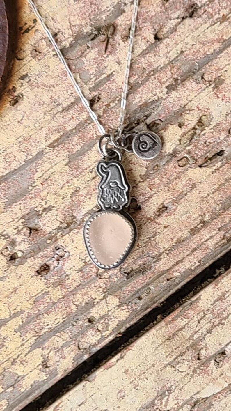Love Pink Northern California Sea Glass Custom Fine Silver Stamped Wee Gnome Pendant Heart Charm 18 Sterling Silver Chain by Seahag101 image 2