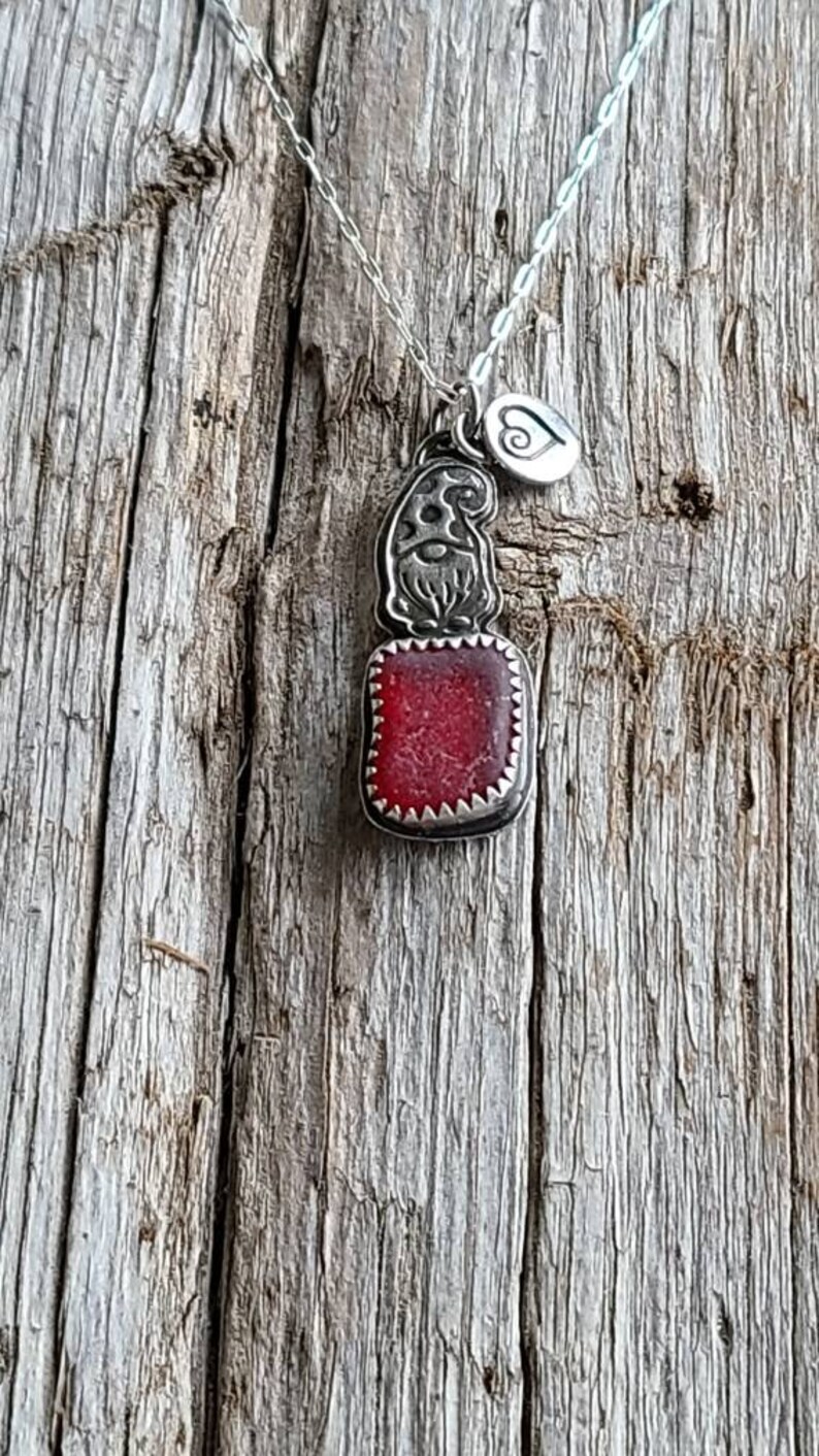 Love Sea Glass Rare PNW Red Sea Glass Custom Fine Silver Stamped Wee Gnome Pendant Heart Charm 18 Sterling Silver Chain by Seahag101 image 5