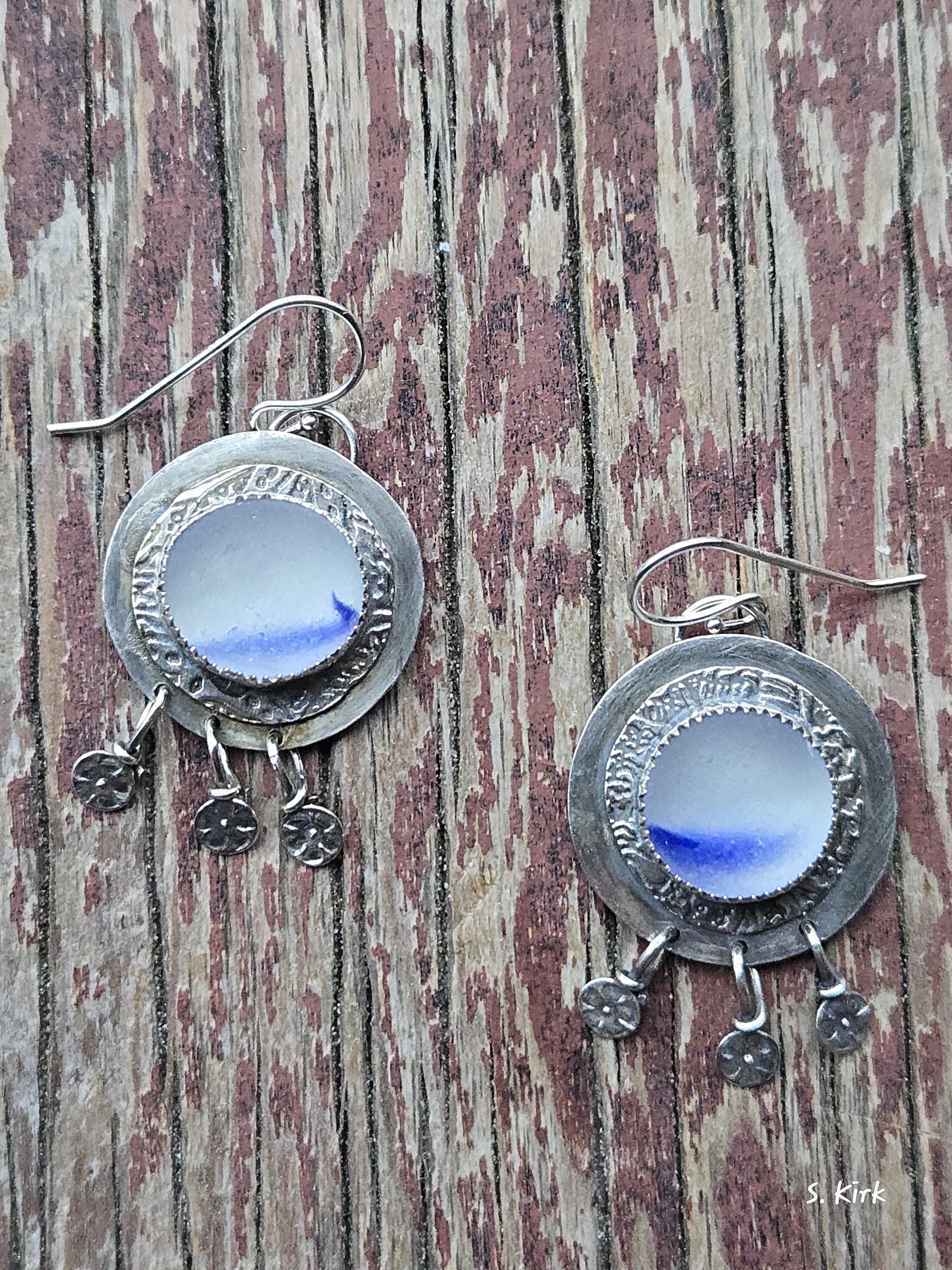 Blue Ribbon Sea Glass Handcrafted Fine Silver Layered Floral Dangle Earrings