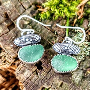 Nordic Light Teal Sea Glass Custom Silver Swirl Embellished Dangle Earrings by Seahag101 image 2