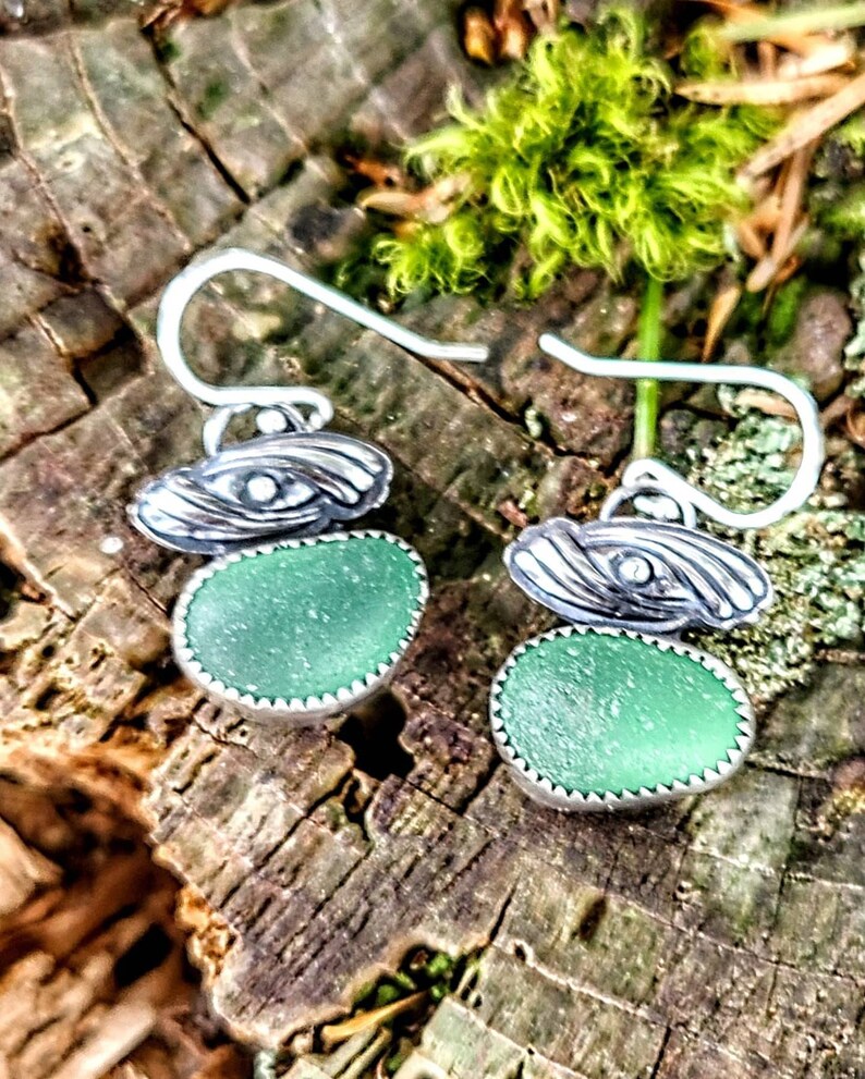 Nordic Light Teal Sea Glass Custom Silver Swirl Embellished Dangle Earrings by Seahag101 image 2