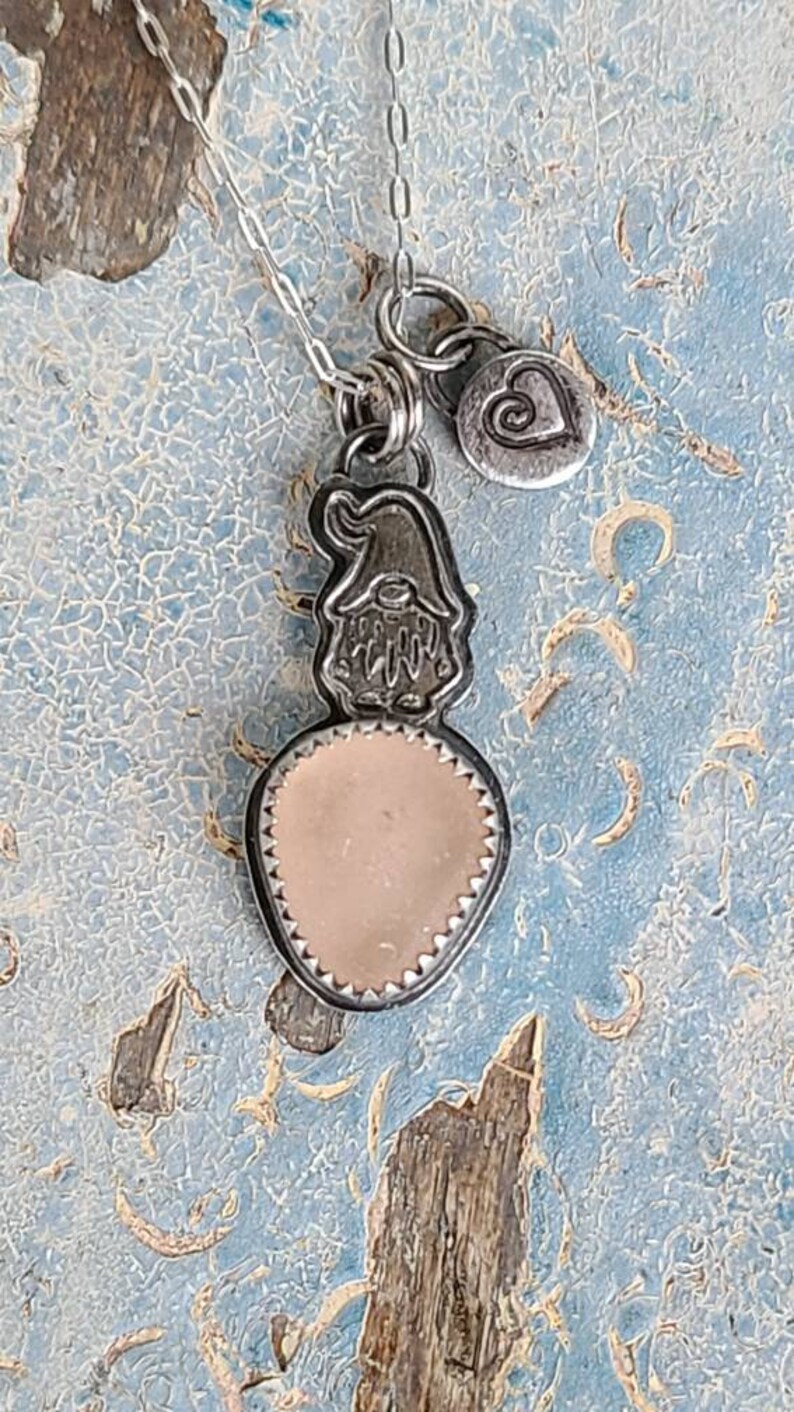 Love Pink Northern California Sea Glass Custom Fine Silver Stamped Wee Gnome Pendant Heart Charm 18 Sterling Silver Chain by Seahag101 image 1