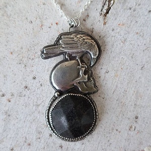 Poe Inspired Rare Scottish Sea Glass Mourning Button Handcrafted Fine Silver Raven/Skull Pendant with 18 Sterling Silver Curb Chain image 4