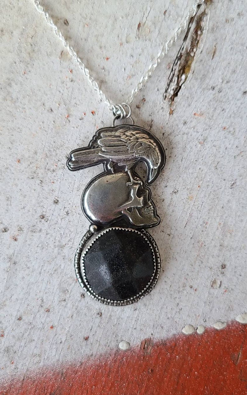 Poe Inspired Rare Scottish Sea Glass Mourning Button Handcrafted Fine Silver Raven/Skull Pendant with 18 Sterling Silver Curb Chain image 4