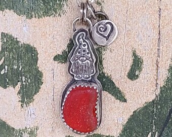 Love Sea Glass Rare Scottish Red Sea Glass Custom Fine Silver Stamped Wee Gnome Pendant Heart Charm 18" Sterling Silver Chain by Seahag101