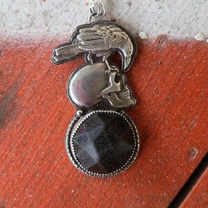 Poe Inspired Rare Scottish Sea Glass Mourning Button Handcrafted Fine Silver Raven/Skull Pendant with 18 Sterling Silver Curb Chain image 5