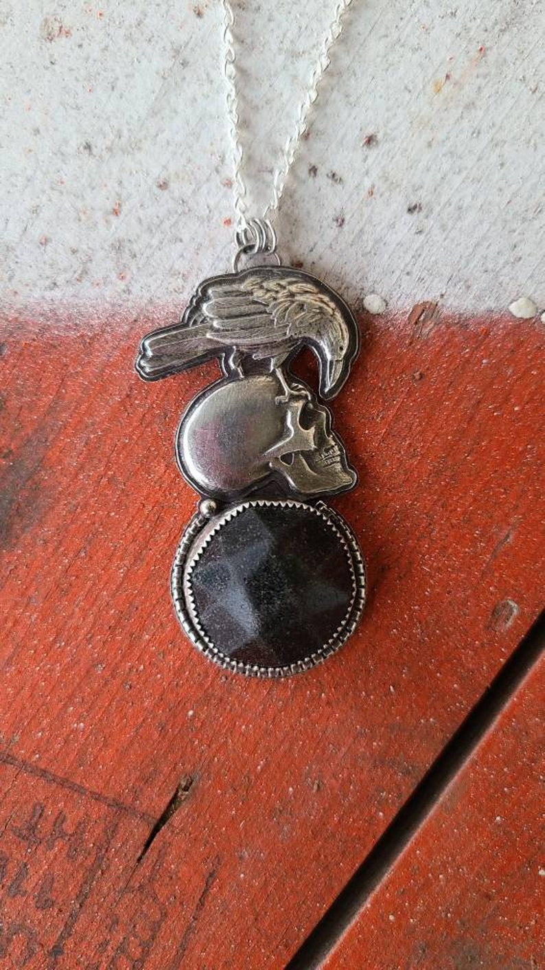 Poe Inspired Rare Scottish Sea Glass Mourning Button Handcrafted Fine Silver Raven/Skull Pendant with 18 Sterling Silver Curb Chain image 5