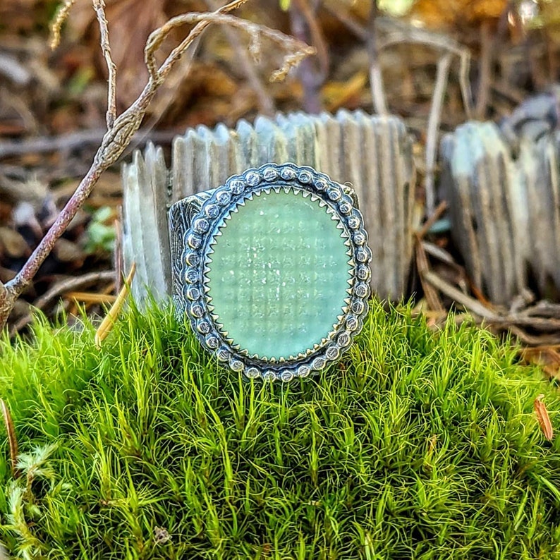Vintage Japanese Ohajiki Sea Glass Handcrafted Silver Turtle Shell Patterned Wide Band Ring Size 9.5