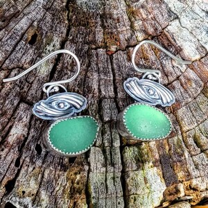 Nordic Light Teal Sea Glass Custom Silver Swirl Embellished Dangle Earrings by Seahag101 image 5