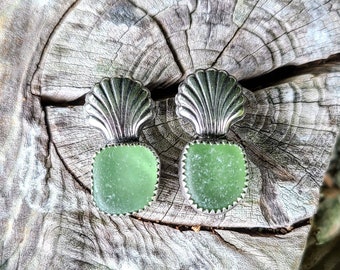 Vintage Nordic Light Teal Green Sea Glass Handcrafted Silver Sea Shell Post Earrings by Seahag101