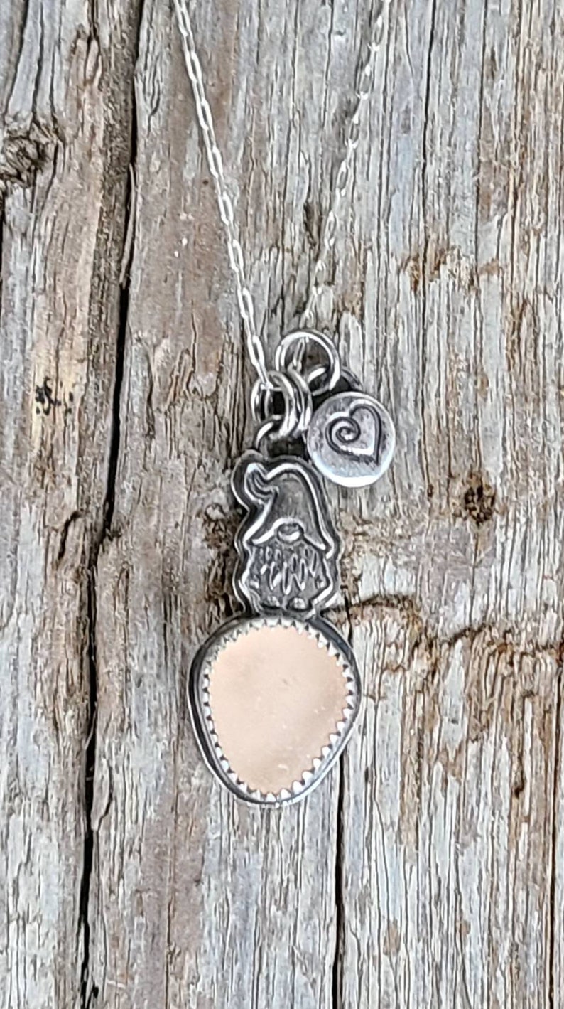 Love Pink Northern California Sea Glass Custom Fine Silver Stamped Wee Gnome Pendant Heart Charm 18 Sterling Silver Chain by Seahag101 image 4