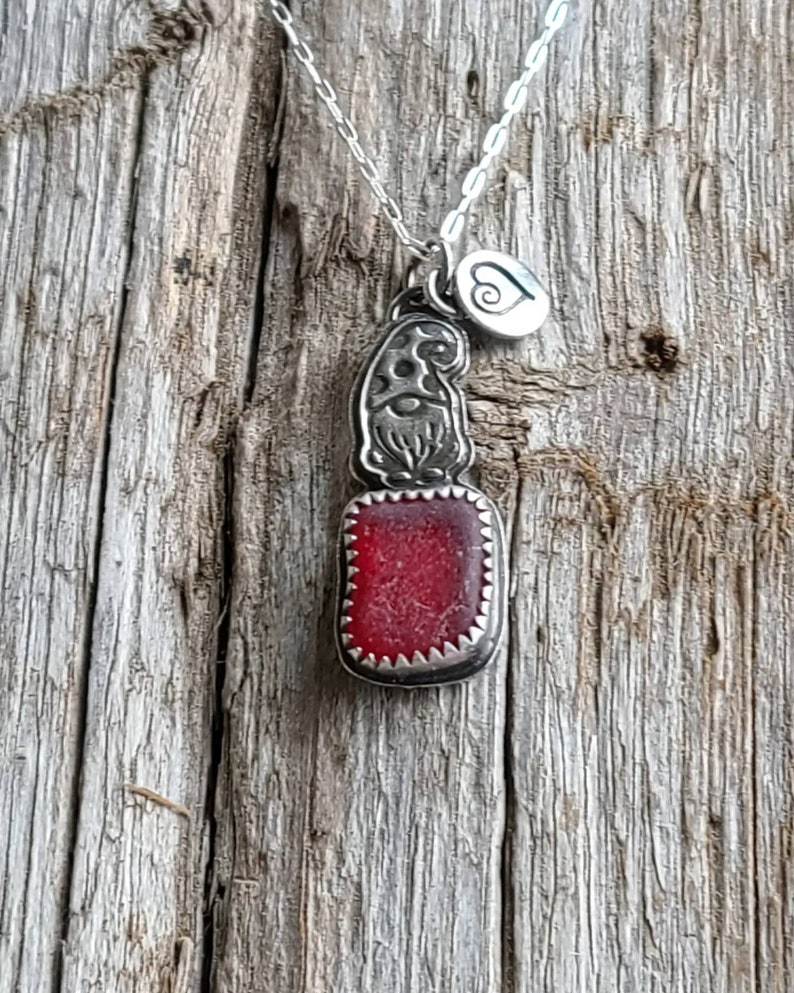 Love Sea Glass Rare PNW Red Sea Glass Custom Fine Silver Stamped Wee Gnome Pendant Heart Charm 18 Sterling Silver Chain by Seahag101 image 3