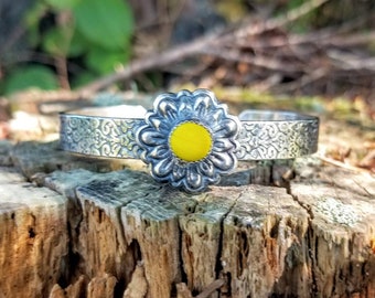 Vintage Spanish Yellow Sea Glass Bead Custom Silver Sunflower Patterned Cuff by Seahag101