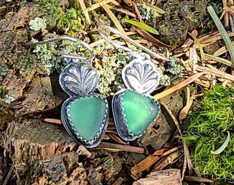 Nordic Teal Green Sea Glass Custom Silver Whimsical Embellishment Dangle Earrings by Seahag101