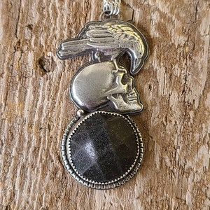 Poe Inspired Rare Scottish Sea Glass Mourning Button Handcrafted Fine Silver Raven/Skull Pendant with 18 Sterling Silver Curb Chain image 2