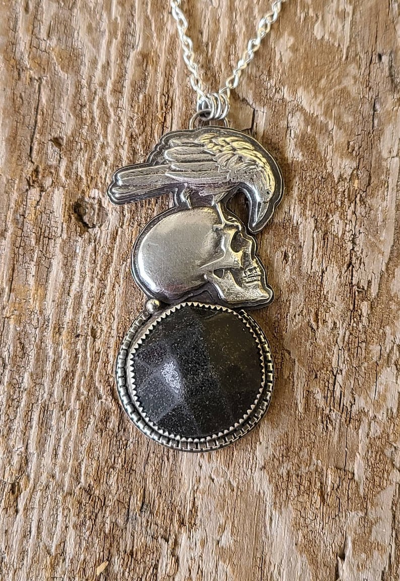 Poe Inspired Rare Scottish Sea Glass Mourning Button Handcrafted Fine Silver Raven/Skull Pendant with 18 Sterling Silver Curb Chain image 2