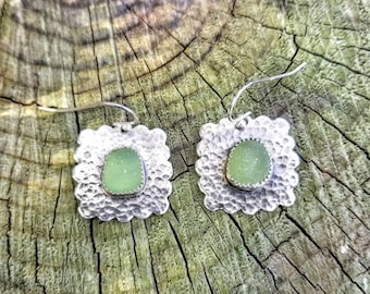 Vintage Nordic Peridot Green Sea Glass Silver Dangle Earrings