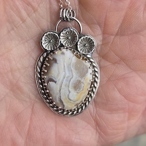 PNW Rare Banded Agate Handcrafted Silver Stamped Saguaro Blossoms Pendant 18&quot; Sterling Silver Rolo Chain.