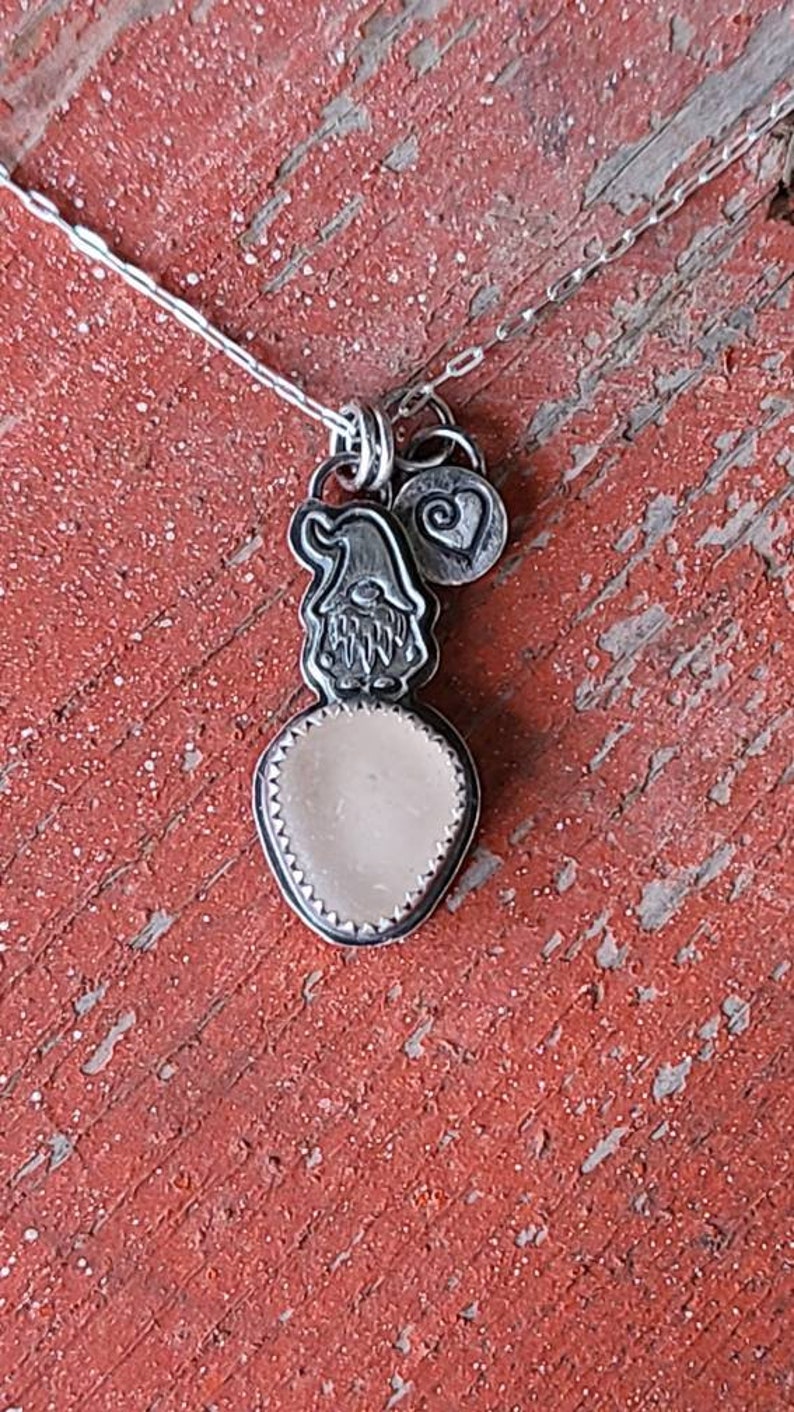 Love Pink Northern California Sea Glass Custom Fine Silver Stamped Wee Gnome Pendant Heart Charm 18 Sterling Silver Chain by Seahag101 image 3