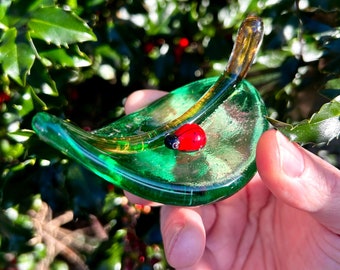 GOOD LUCK Glass Lady Bug On A Leaf - hand sculpted glass paperweight