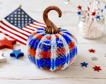 Small Hand Blown Patriotic Glass Pumpkin – USA 250th Anniversary Art Glass Sculpture – Red White Blue Fourth of July Decor -