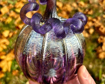 Amethyst Glass Pumpkin Gift and Centerpiece 5 1/2" With Signed Collector's Tag