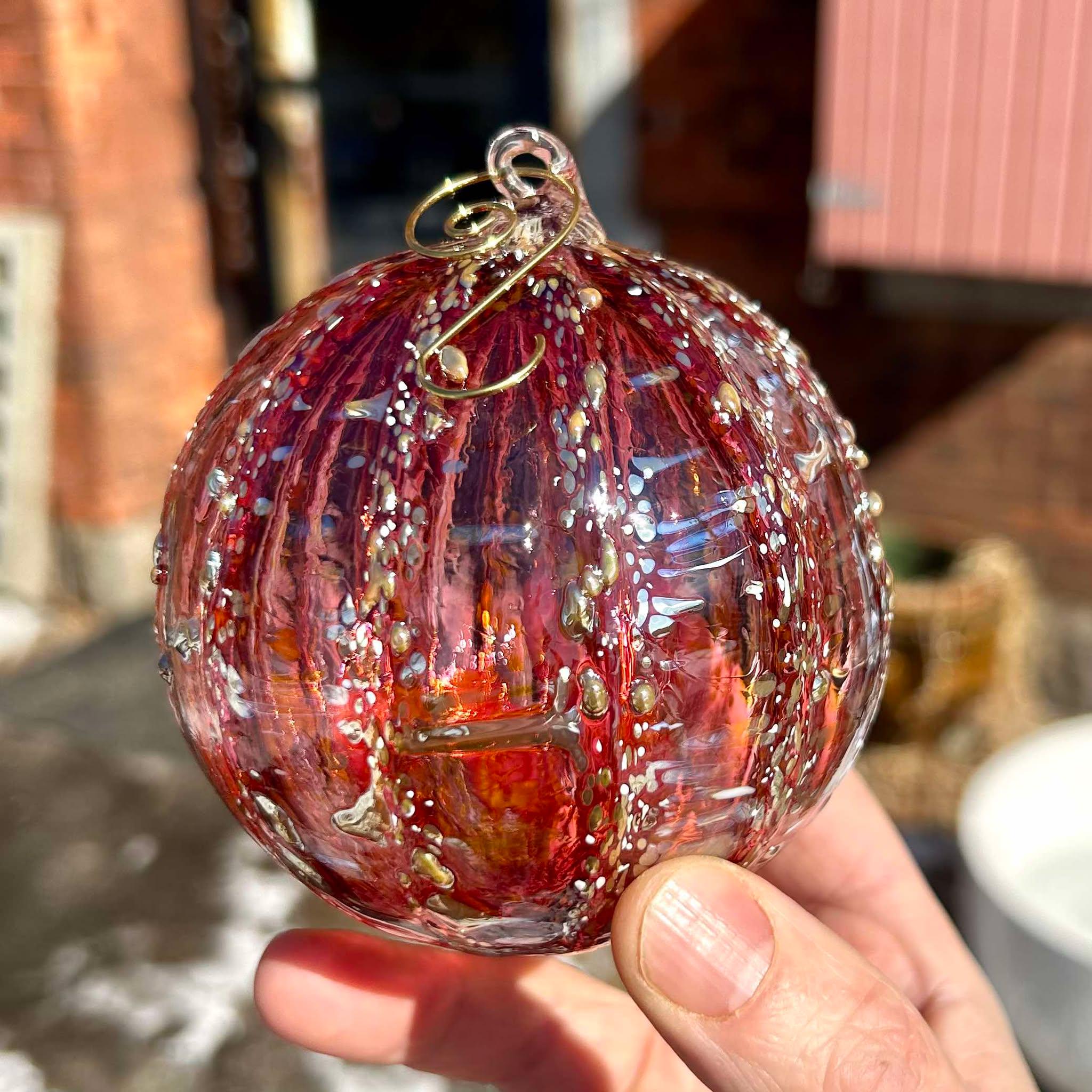 Hand Blown Cranberry Gold Glass Ornament: Keith Cerone Art Glass (4")