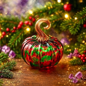 May include: A decorative glass pumpkin with red and green accents and a gold stem. The pumpkin is set against a backdrop of Christmas greenery and lights, creating a festive holiday theme.
