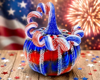 Hand Blown Patriotic Glass Pumpkin Sculpture – USA 250th Anniversary Art Glass Pumpkin – Red White Blue Fourth of July Decor –