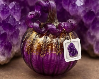 Amethyst Glass Pumpkin Gift and Centerpiece 6 1/2" With Signed Collector's Tag