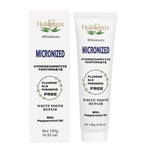 May include: A white tube and box of Holidentix Micronized Hydroxiapatite Toothpaste. The tube and box feature the brand name, product details, and the text "Fluoride, SLS, Parabens FREE". The tube contains 4.25 oz of toothpaste.