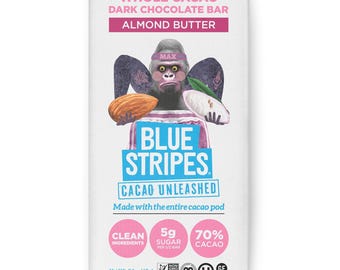 Blue Stripes Whole Cacao Almond Butter Dark Chocolate Bar, 2.1 OZ PACK of 12