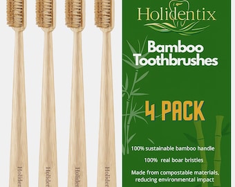 Holidentix Handzahnbürste aus Bambus, Bambusgriff, Wildschweinborsten, biologisch abbaubar