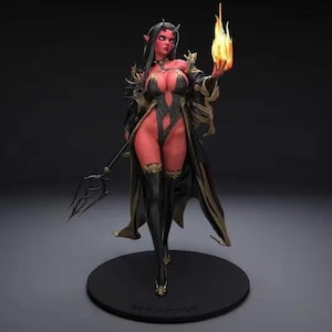 May include: A red-skinned female figure with horns and black hair, wearing a black and gold dress and holding a flaming torch. She is standing on a black circular base.