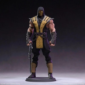 May include: A black and yellow action figure of a ninja warrior with a chain weapon. The figure is wearing a black hooded outfit with a yellow chest plate and black trousers. The figure is standing on a black base.