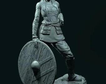 May include: A gray painted figurine of a woman warrior holding a round shield. She is wearing a chainmail tunic and a leather skirt. The figurine is standing on a rock base.