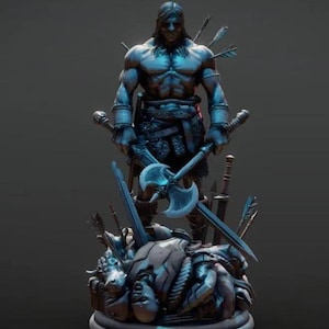May include: A blue and silver figurine of a muscular warrior holding a large axe. The warrior is standing on a base with a pile of swords and arrows.