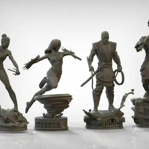 May include: Four detailed grey painted figurines of characters from a video game or movie. The figurines are posed in action stances and are displayed on individual bases.