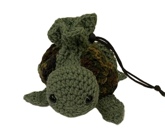 Turtle Drawstring Party, Ditty, or Dice Bag Pouch PDF Crochet Pattern Dungeon and Dragon