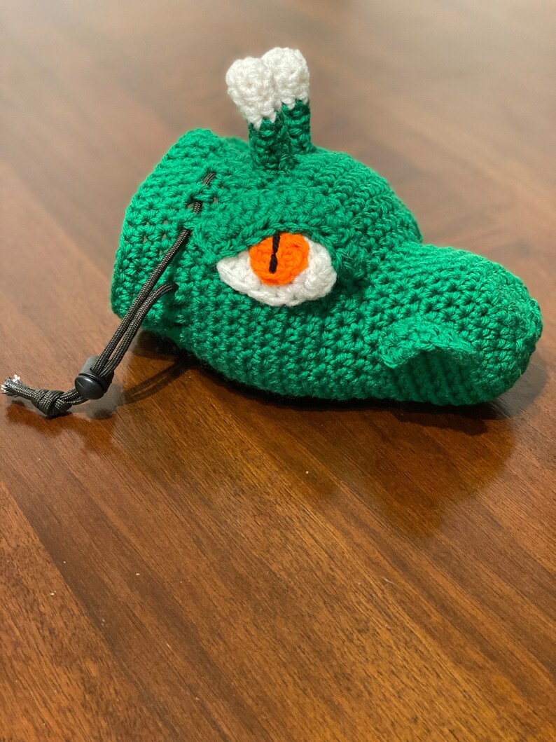Puede incluir: Bolsa de dados de crochet verde con una cabeza de drag&oacute;n de crochet blanco y verde y un ojo naranja. La bolsa tiene un cord&oacute;n de ajuste negro.