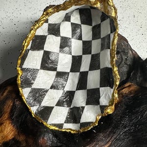 May include: An oyster shell, decorated with a black and white chequered pattern inside and a gold-painted edge. The shell is displayed on a piece of dark, textured wood, offering a contrast in textures and colours.
