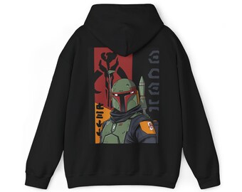 Felpa con cappuccio Boba Fett, abbigliamento Star Wars, fan art disegnata a mano, felpa con fan art, felpa Star Wars, abbigliamento geek, fantascienza, mandaloriano