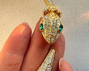 Rare Vintage French Deadstock Serpent Choker – Gold Tubogas Snake Necklace with Emerald Eyes – Unworn 1980s Paris Fashion Jewelry – Statemen